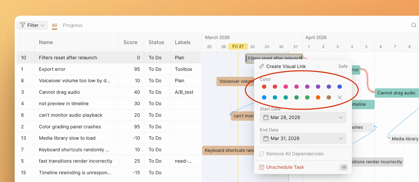 Mevcut renkleri gösteren bağlam menüsü renk paleti