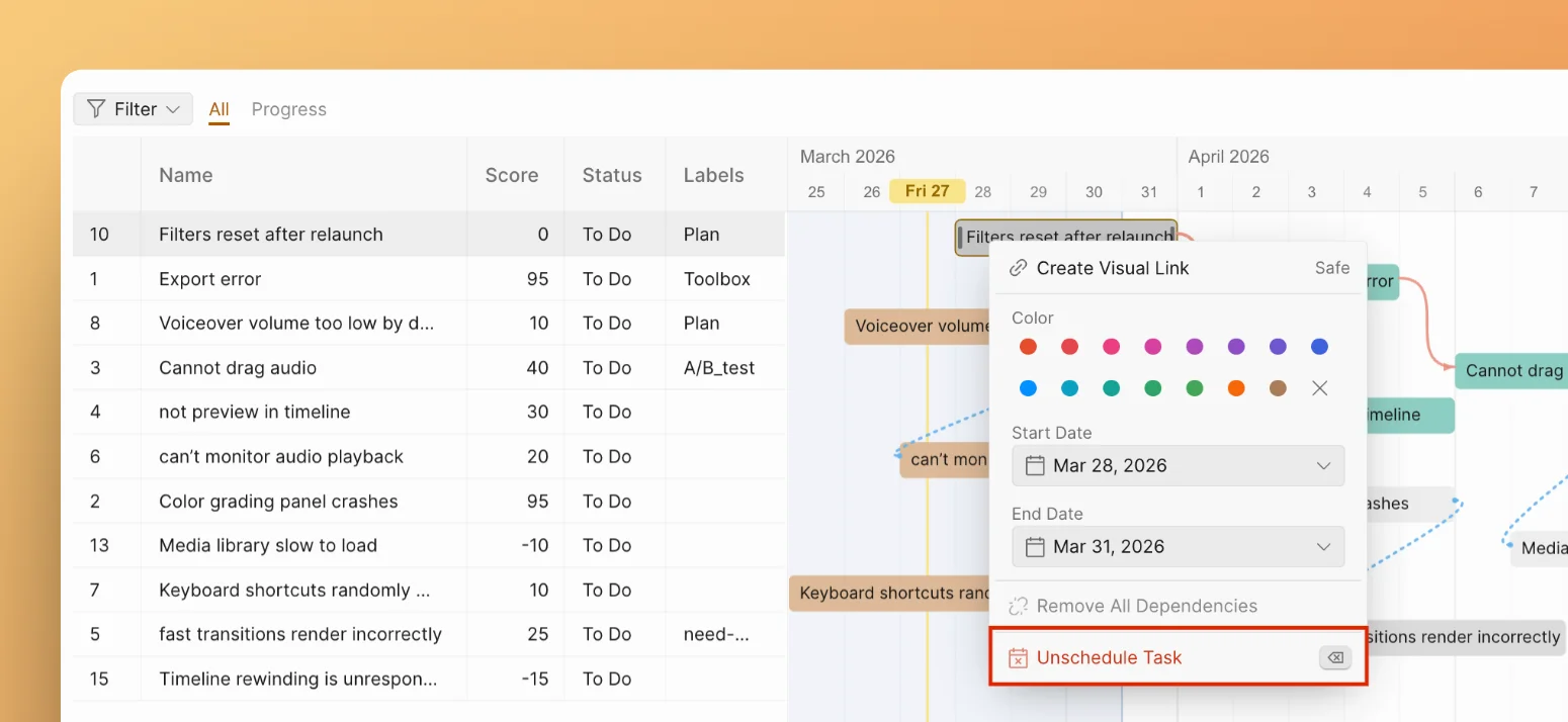 Görevi Zamanlamadan Kaldır seçeneğini içeren bağlam menüsü