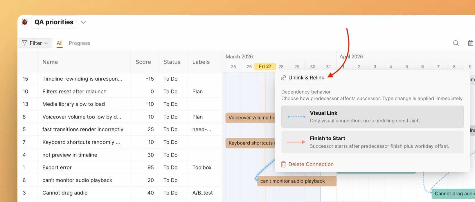 取消任务依赖关系链接