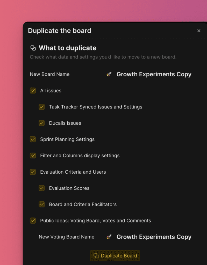 Fenster mit Optionen zur Board-Duplizierung