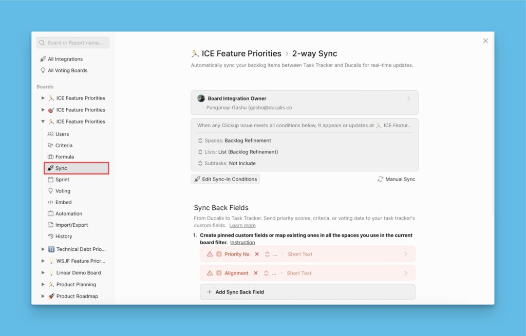 Position der Sync-Schaltfläche in der unteren rechten Ecke des Boards