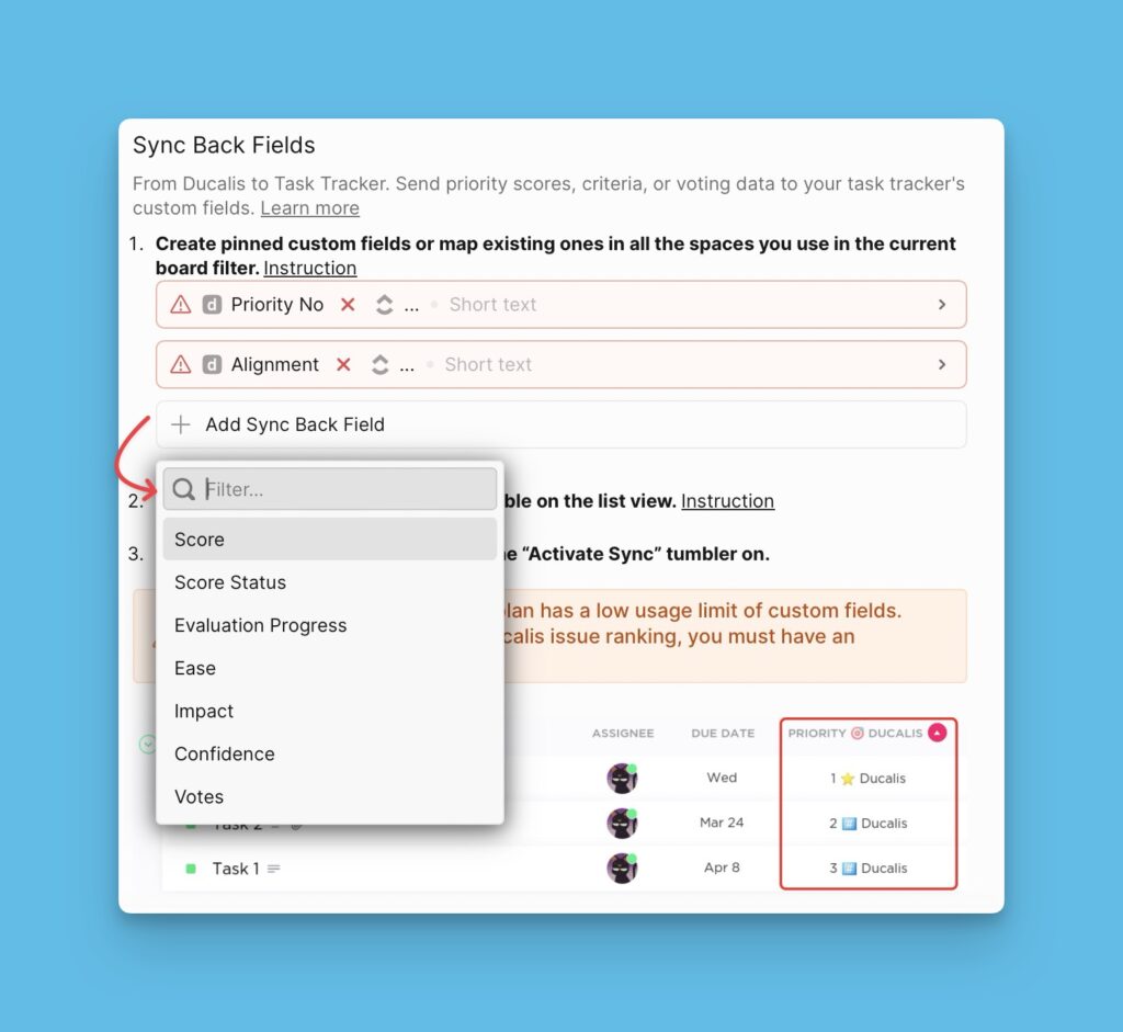 Auswahlkästchen für Felder bei Sync Back