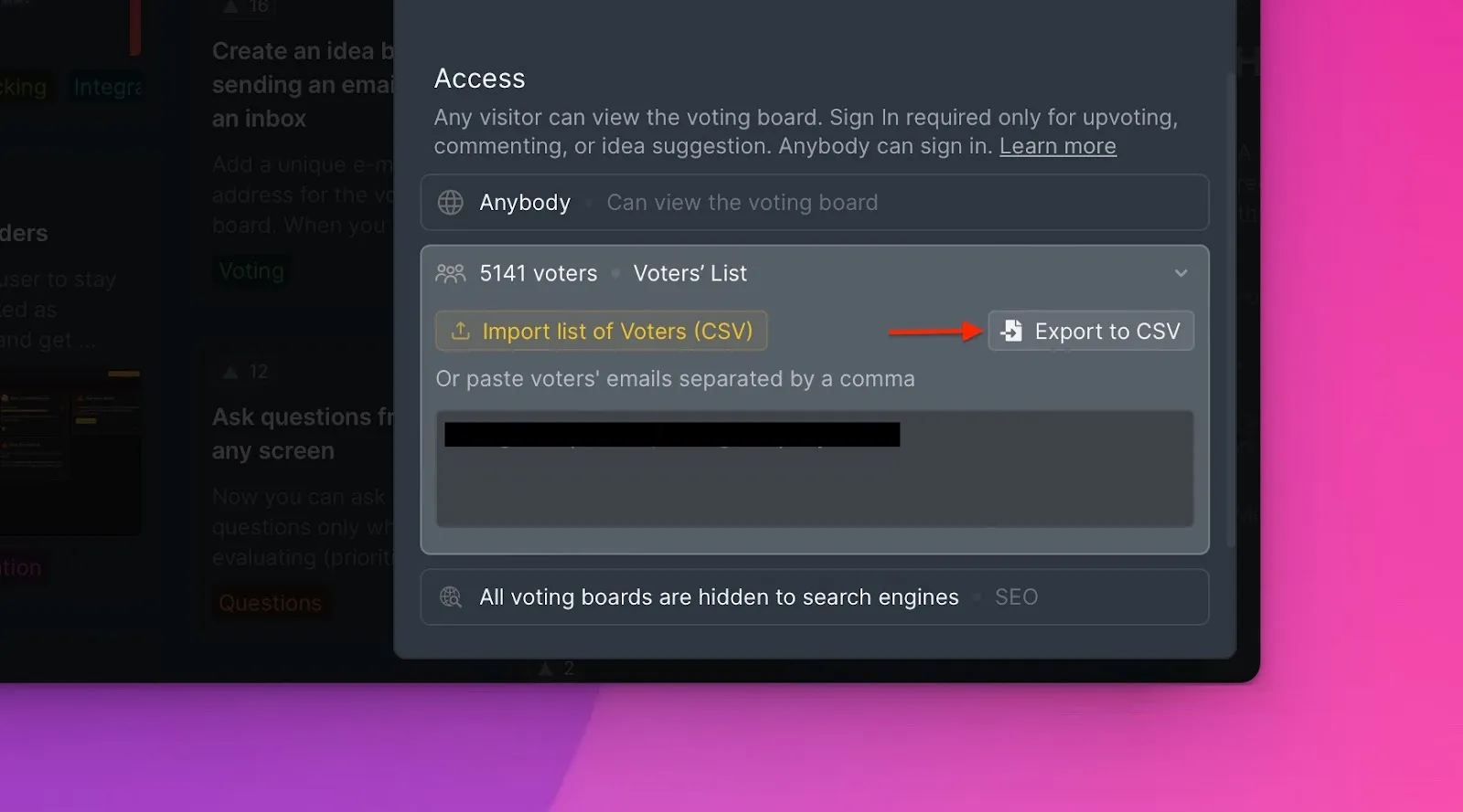 投票ボード設定内の投票者エクスポートボタン