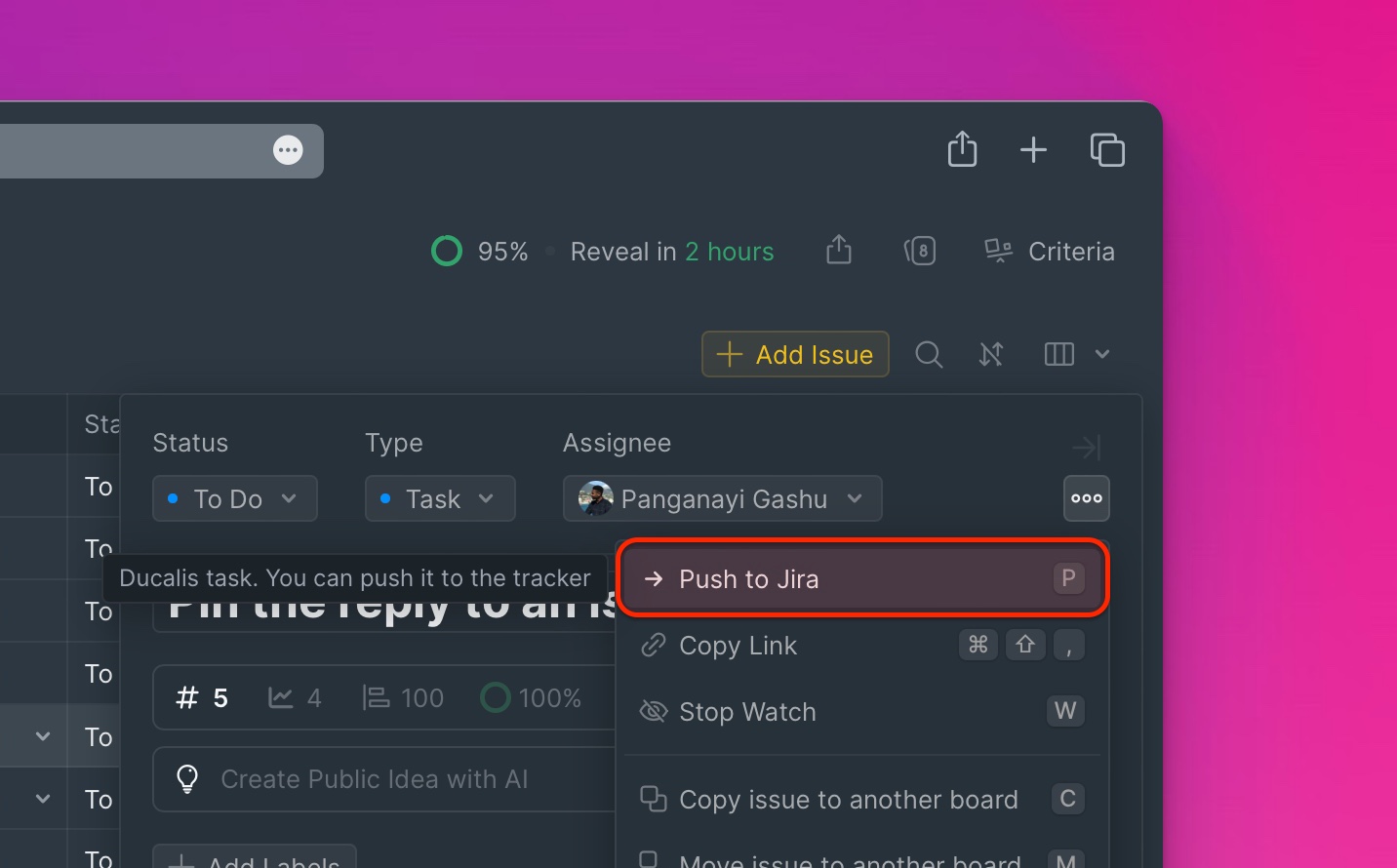 Zum Tracker senden – Schaltfläche im Issue-Menü
