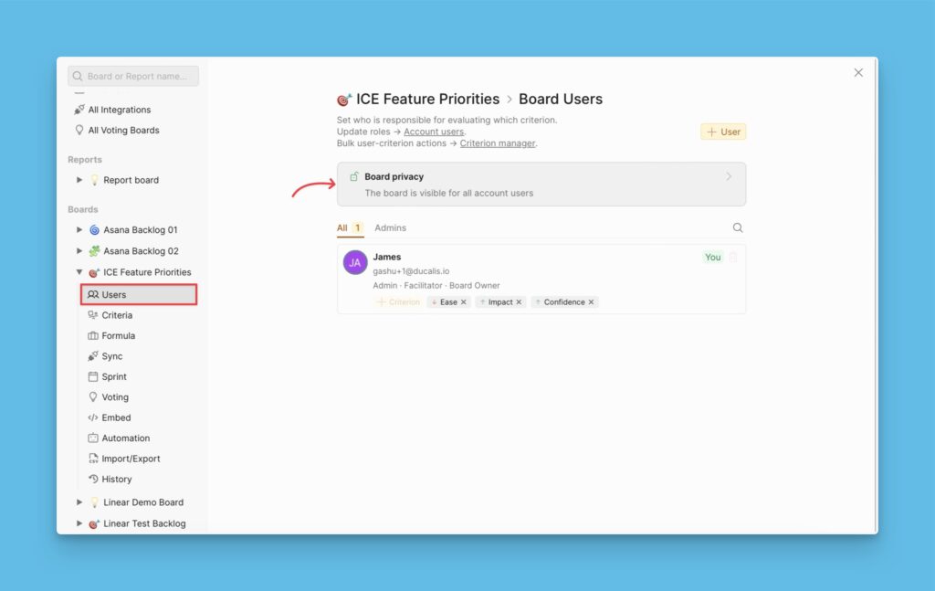 Einstellungsseite für Board-Nutzer