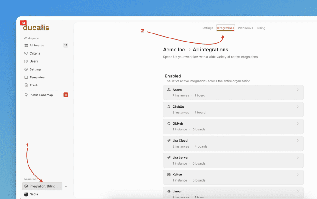 Position des Integrationen-Menüs in der linken Seitenleiste