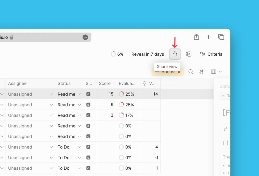 Position der Teilen-Schaltfläche im Board-Header