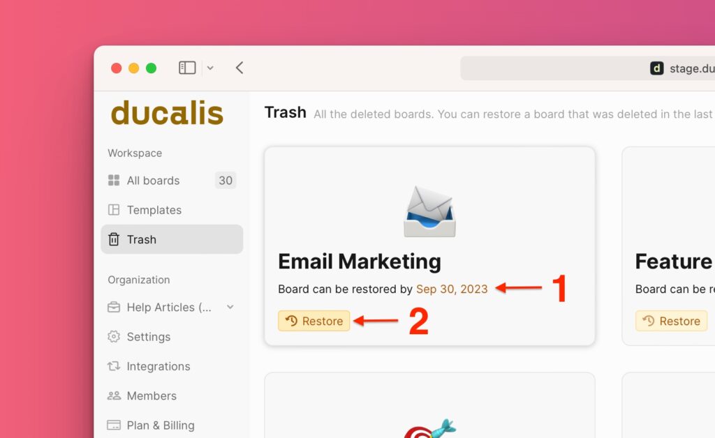 Wiederherstellen-Button bei Board im Papierkorb