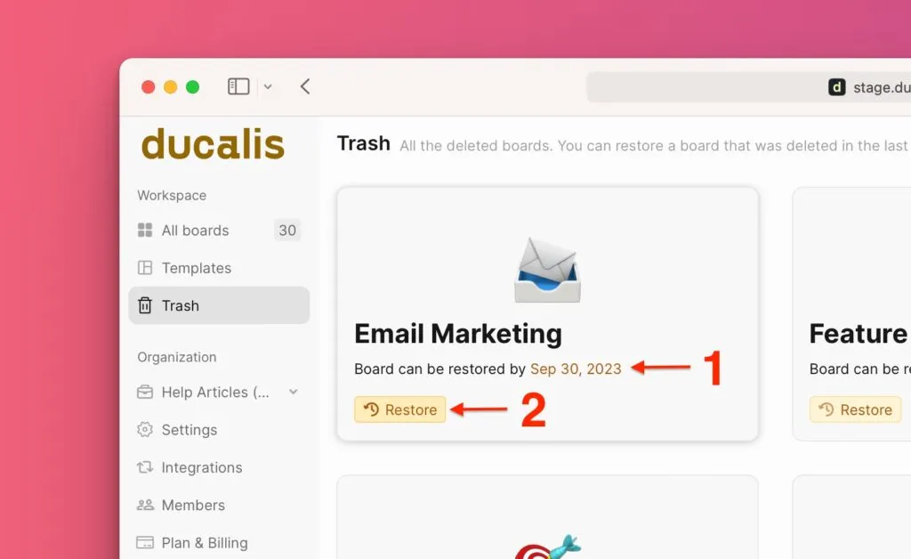 ゴミ箱内のボードの復元ボタン