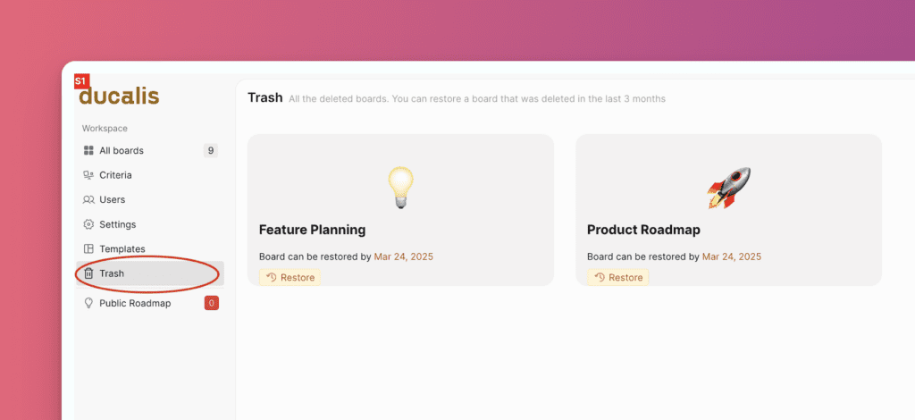 Papierkorb-Option in der linken Seitenleiste
