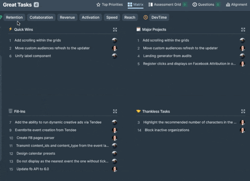 Animation der Aktivierung und Deaktivierung von Kriterien zur Anpassung der Matrix