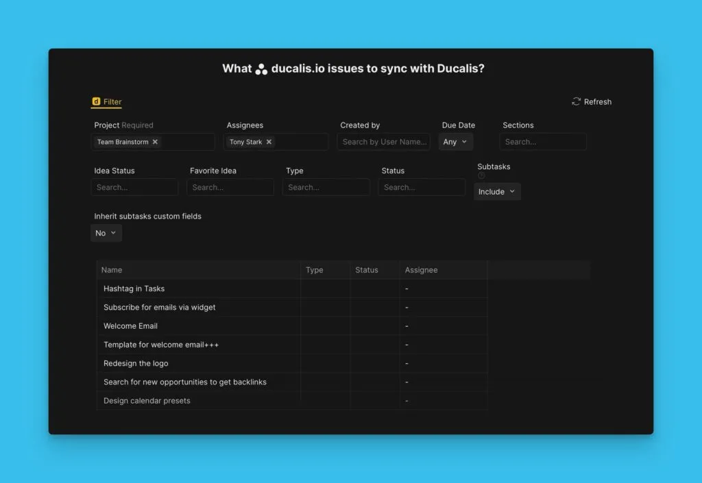 Task filter settings for Asana backlog