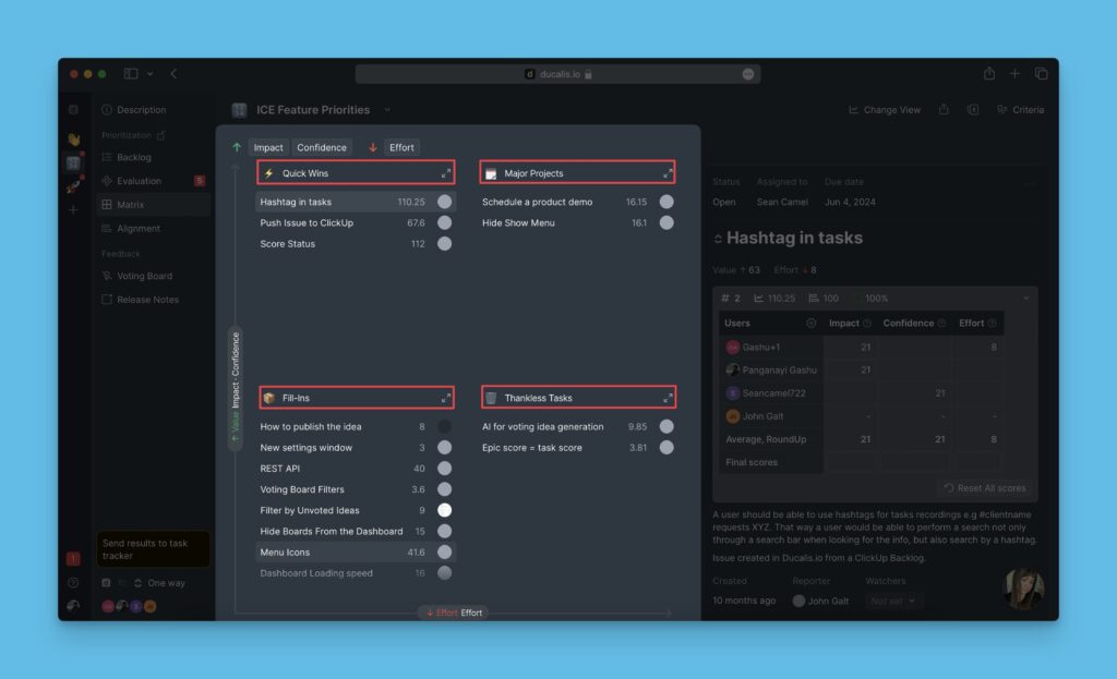 Bewertete Features verteilt auf Matrix-Quadranten