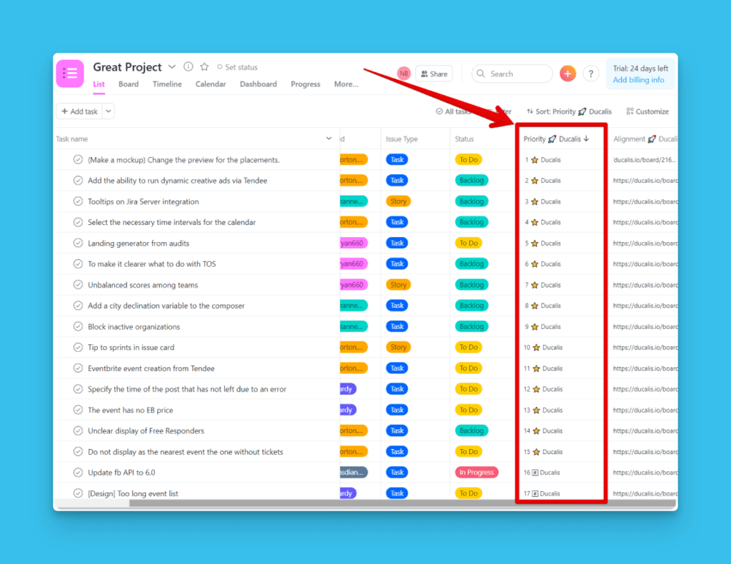 Priority ranking synced with Asana