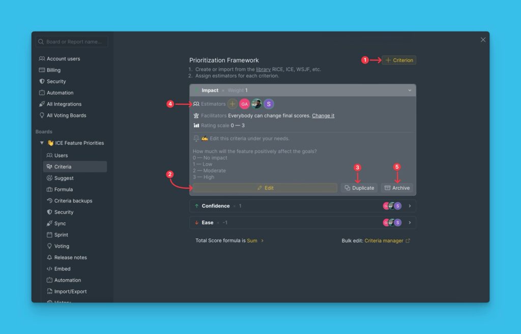 Bearbeitung der ICE-Kriterieneinstellungen in der Produktoberfläche