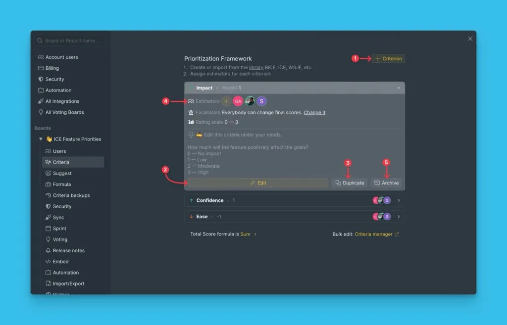Editing ICE criteria settings in product interface
