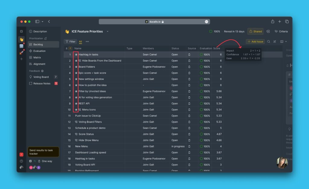 Bewertete Features im Backlog mit Aufschlüsselung des ICE-Gesamtwerts