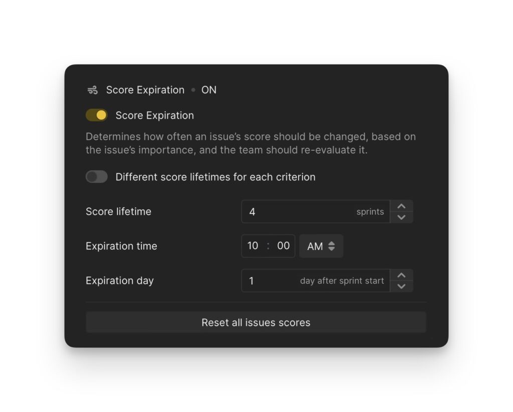 Oberfläche der Score Expiration Funktion