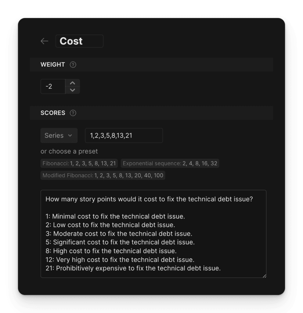 Passe Bewertungskriterien für ein besseres Verständnis der Priorisierung des Technical Debt Backlogs an
