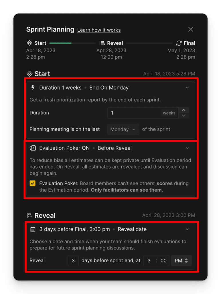 Konfigurationsoberfläche für Evaluation Poker