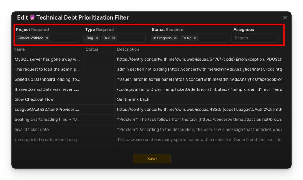 Einrichtung eines Sync-Filters für das Technical Debt Backlog zwischen deinem Task Tracker und der App