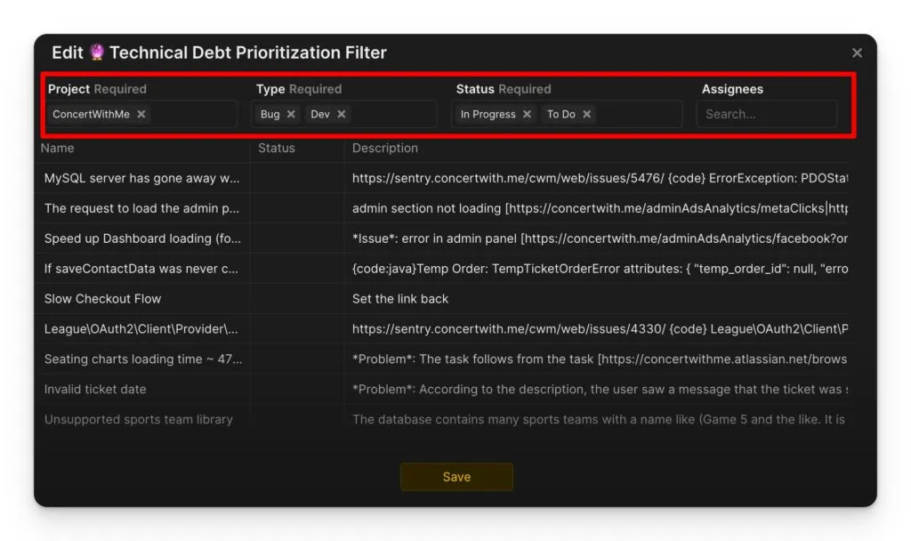 タスクトラッカーとアプリ間の技術的負債バックログの同期フィルタ設定