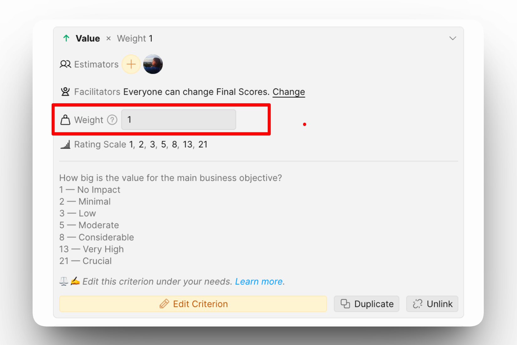Her kriter için ağırlık ayarlayın