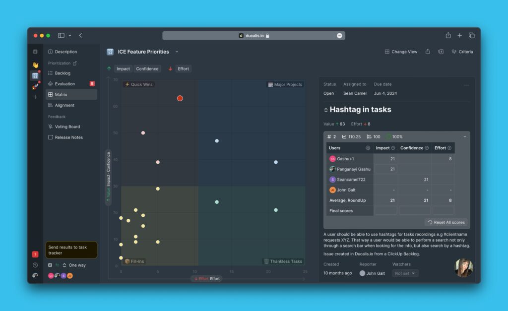 Gewichtete Entscheidungsmatrix mit Aufgaben, die über mehrere Kriterien bewertet werden