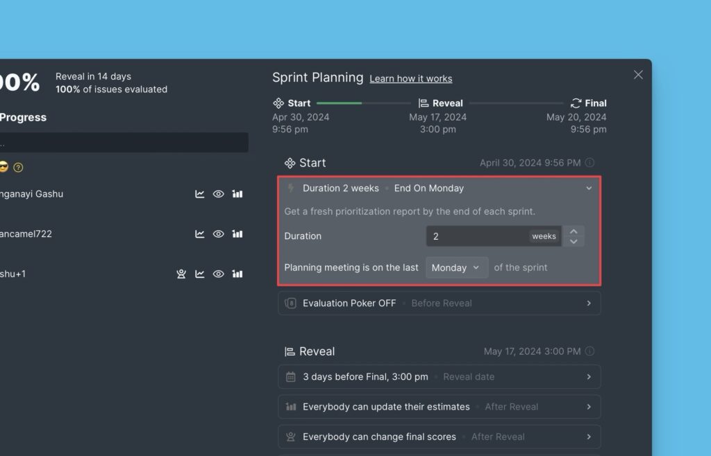 Sprint-Dauer-Einstellungen