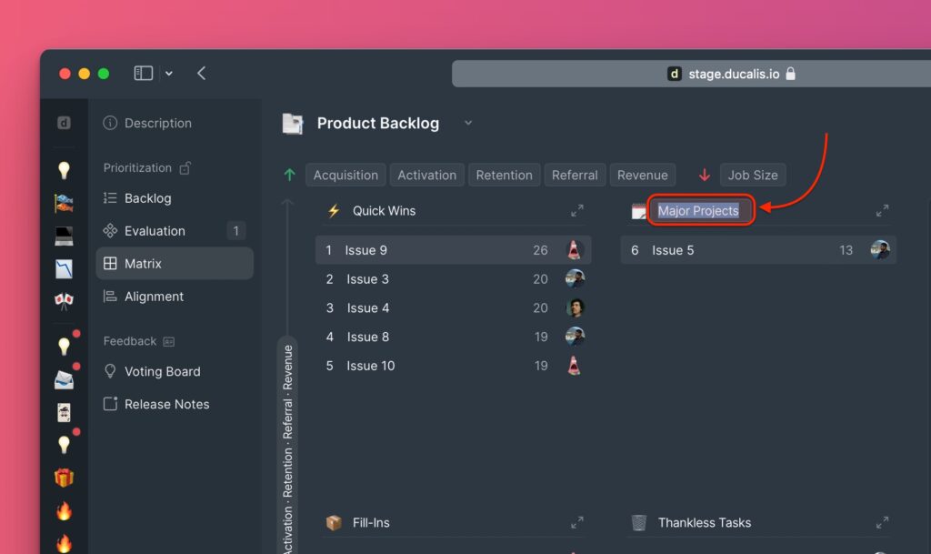 Oberfläche zum Bearbeiten von Quadrantennamen