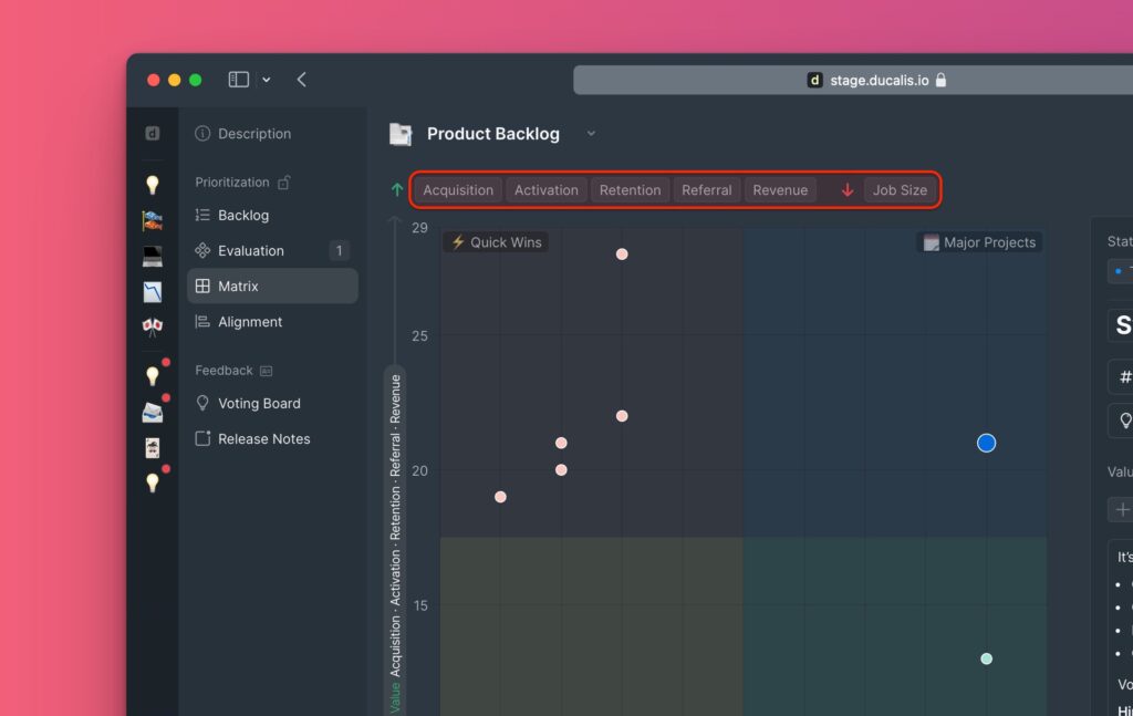 Kriterien über der Matrix angezeigt