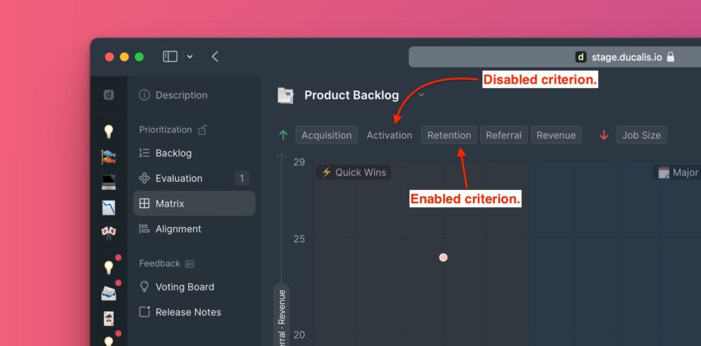 Matrix mit deaktiviertem Kriterium