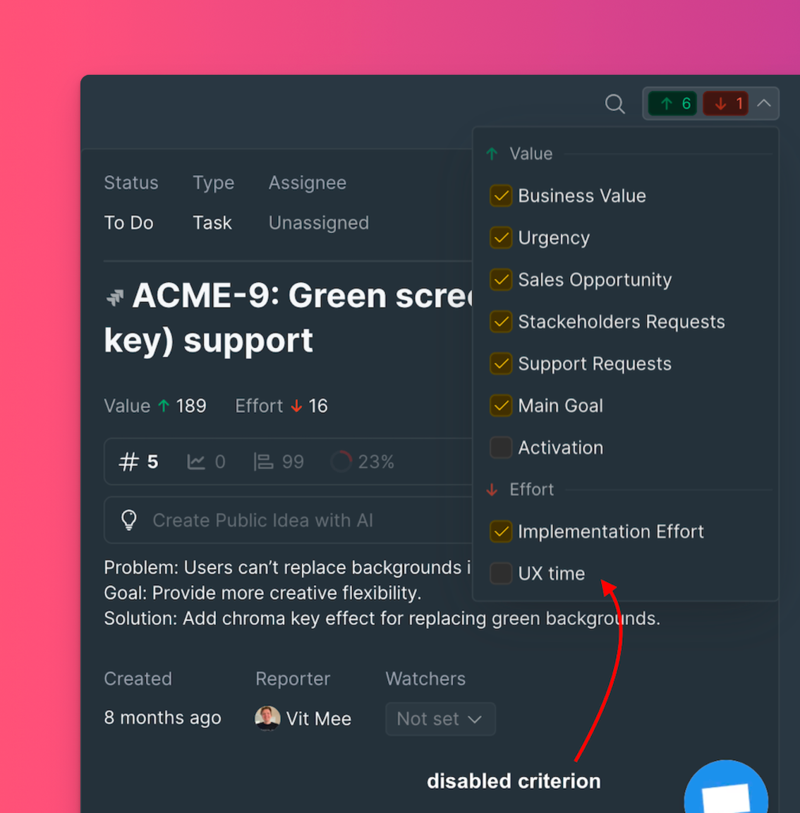 基準が無効化されたマトリクス