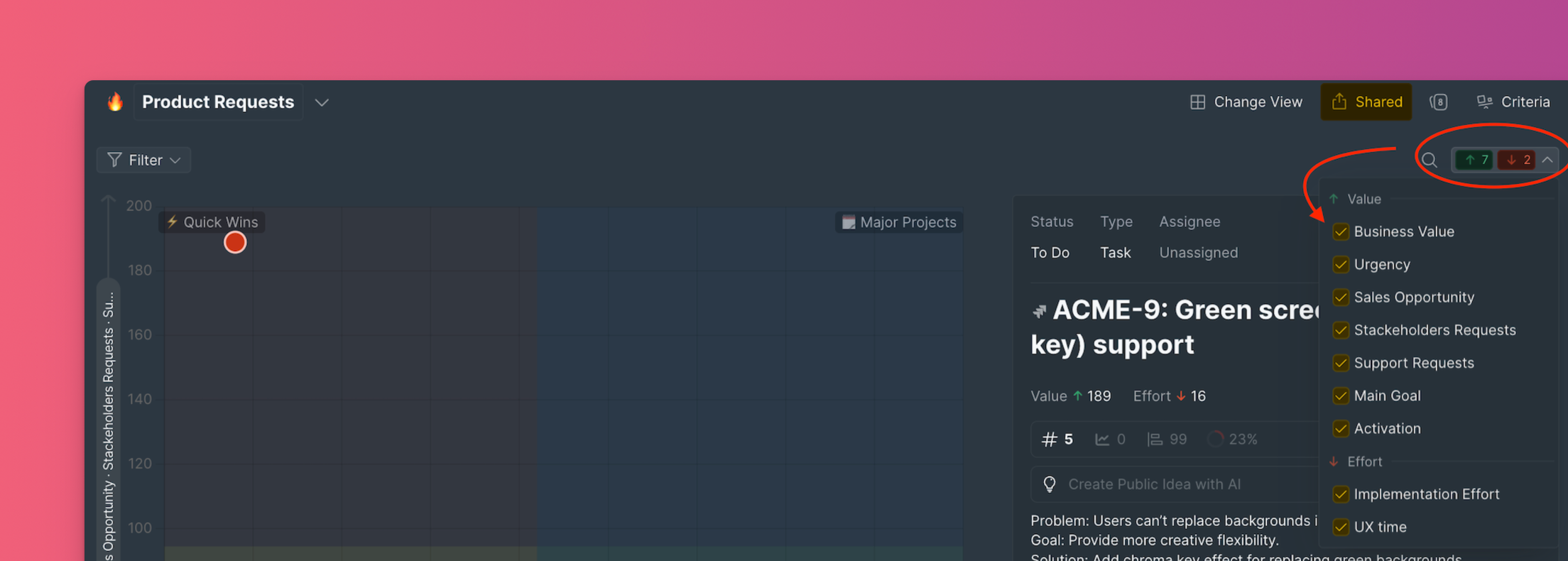 Matrisin üzerinde görüntülenen kriterler