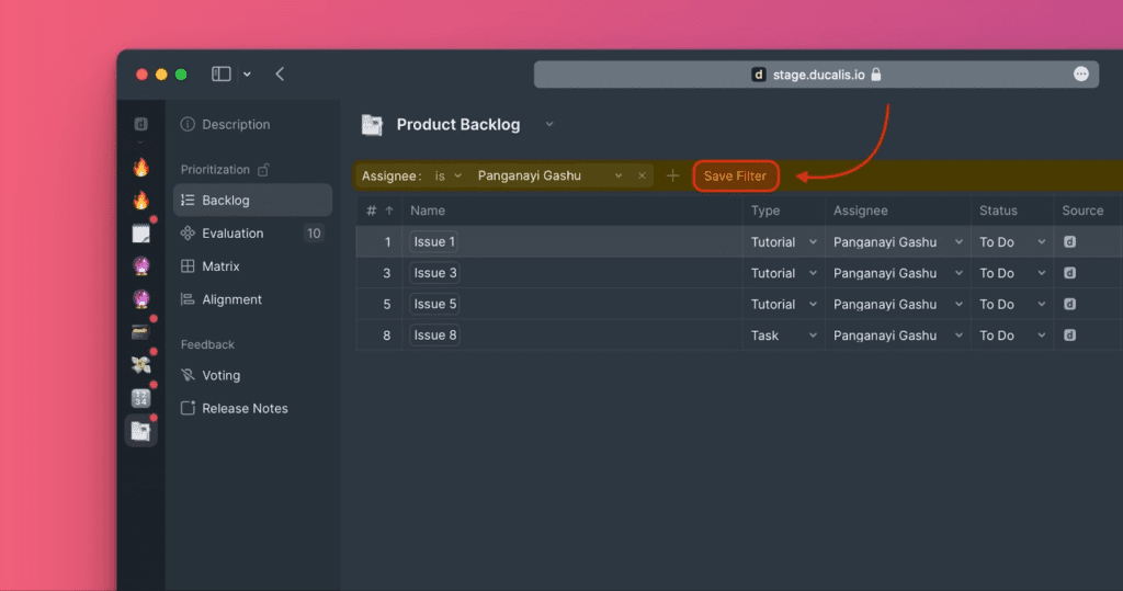 Speichern eines Filters zu den Favoriten