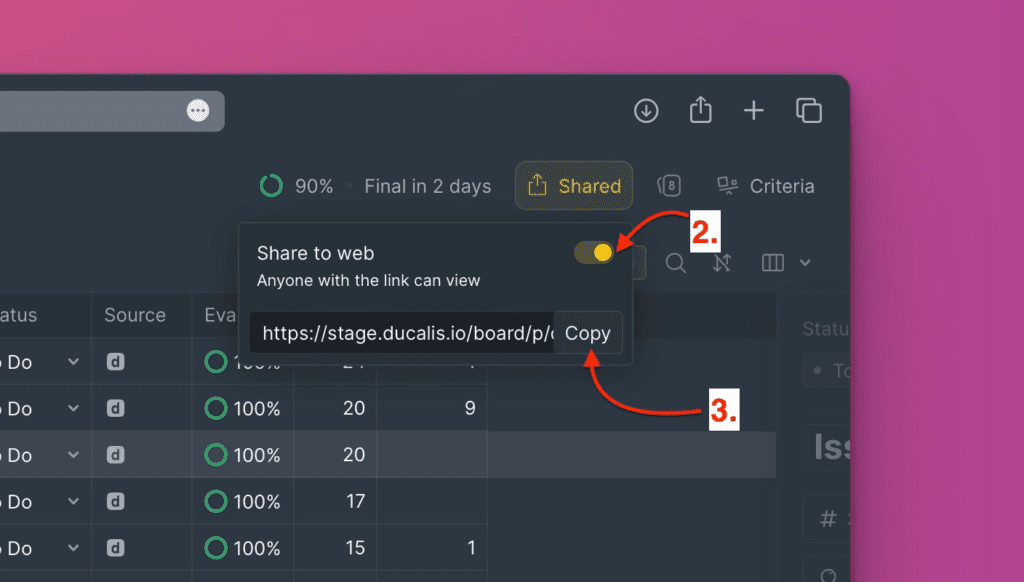 Board-Teilen-Toggle und Link-Kopieren-Interface