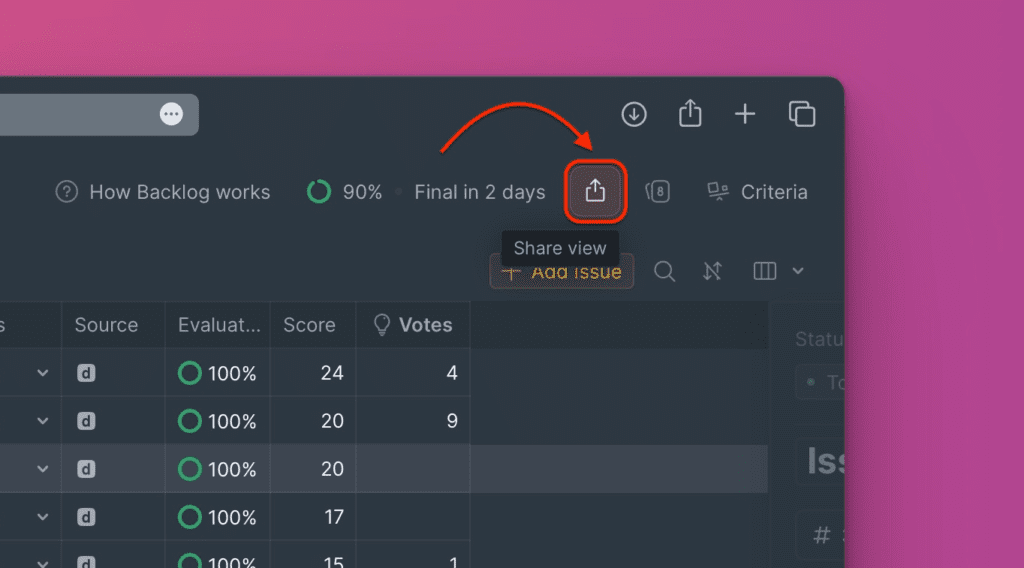 バックログページの共有ボタンの場所