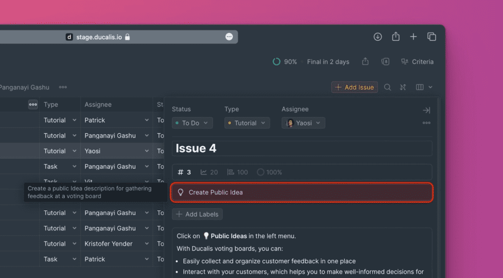 Schaltfläche Öffentliche Idee erstellen in der Issue-Karte