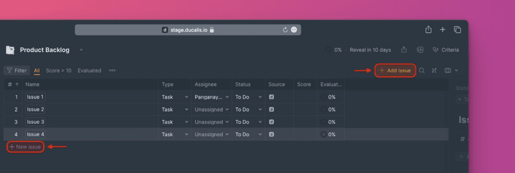 Drei Möglichkeiten, Issues auf der Backlog-Seite zu erstellen