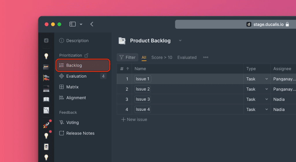 Übersicht der Backlog-Seite mit Issue-Liste und Tabellenansicht