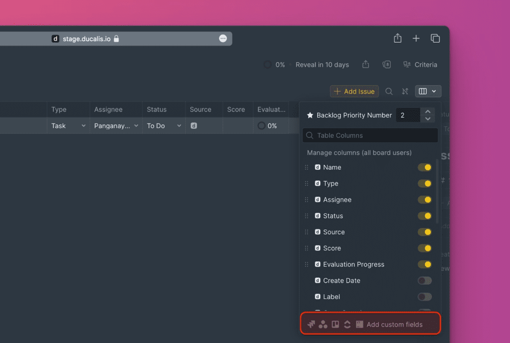 Importierte Felder aus Task Tracker als Spaltenoptionen angezeigt