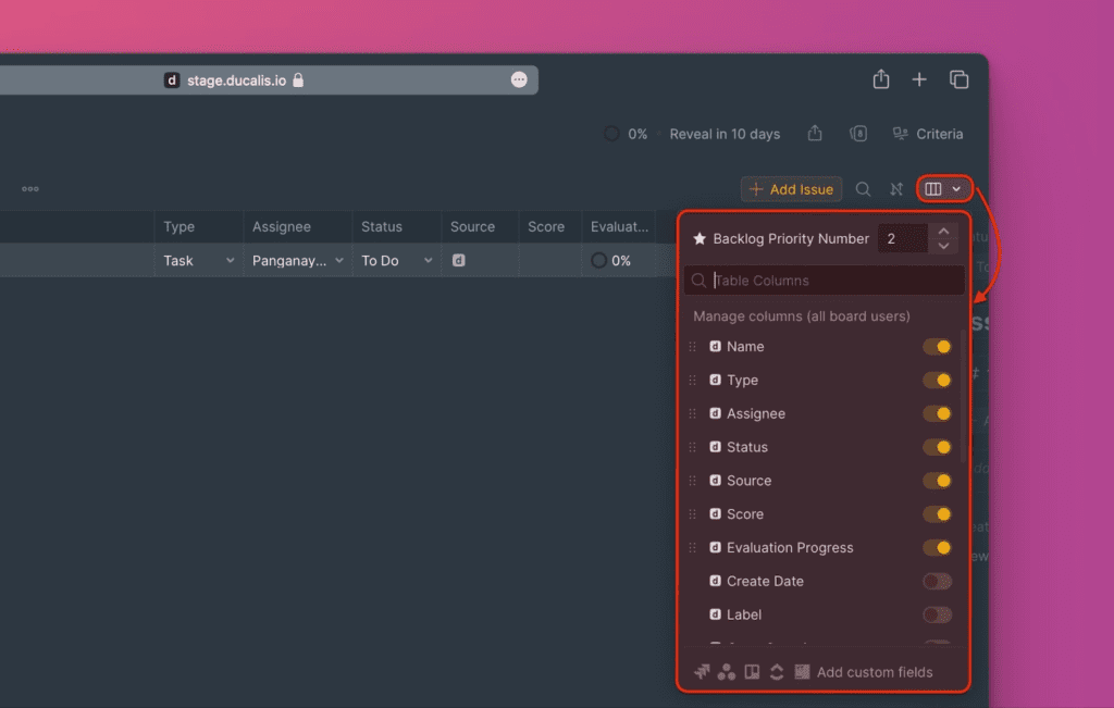 テーブルカスタマイズアイコンの場所