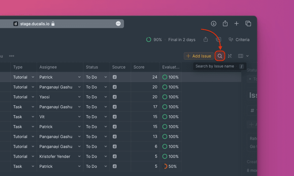 Suchfeld zum Finden von Issues nach Name