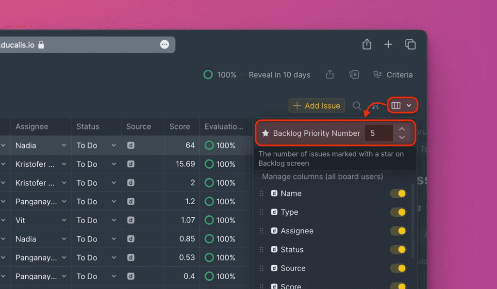 Konfiguration der Anzahl von Top-Prioritäts-Issues in den Spalteneinstellungen