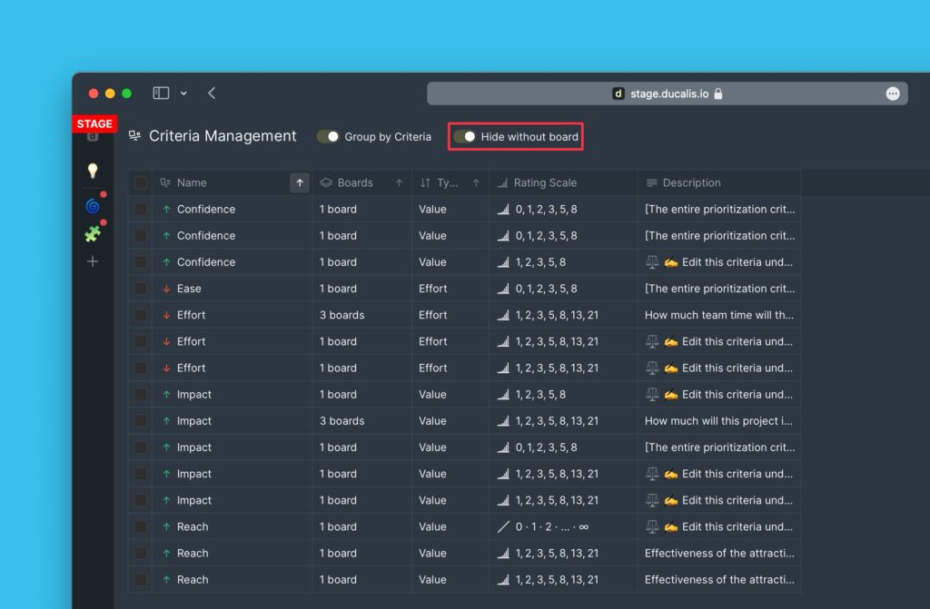 Umschalter Kriterien ohne Board ausblenden