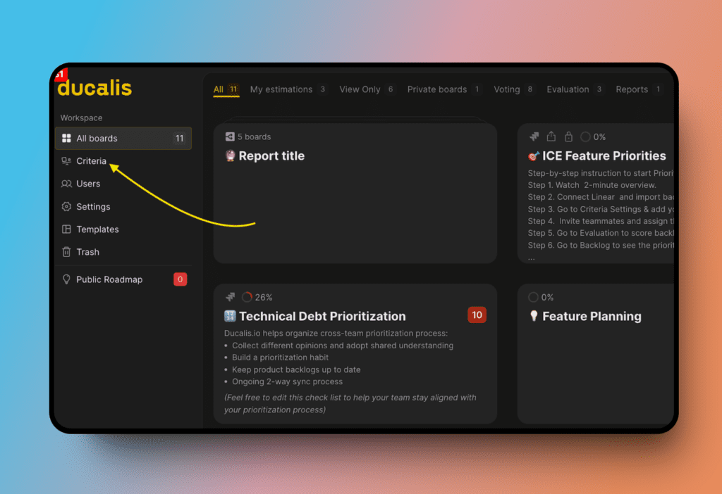 Link zur globalen Kriterienverwaltung im Dashboard
