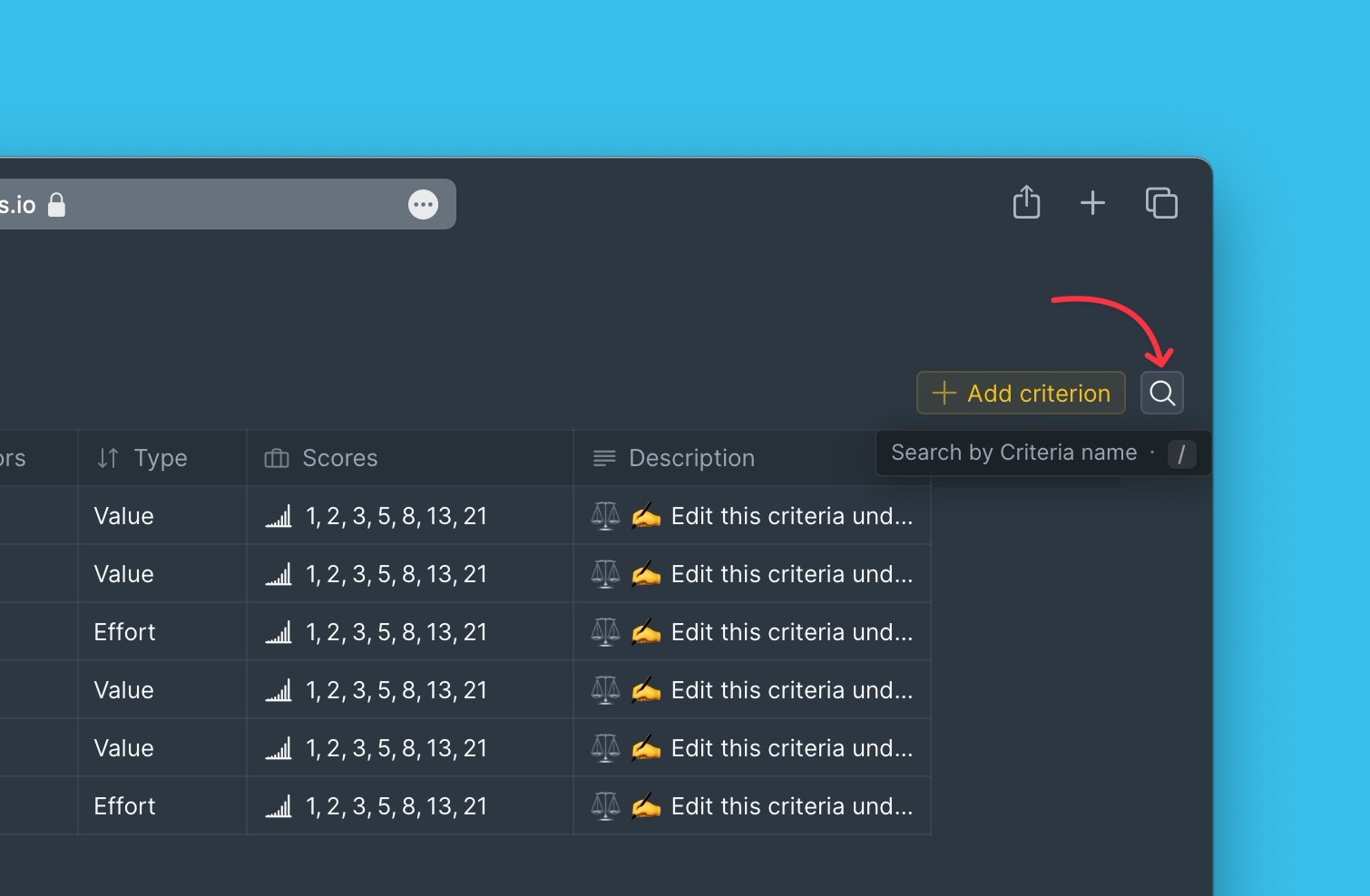 Suchfeld für Kriterien