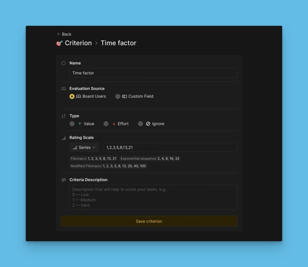 Formular für Kriterieneigenschaften