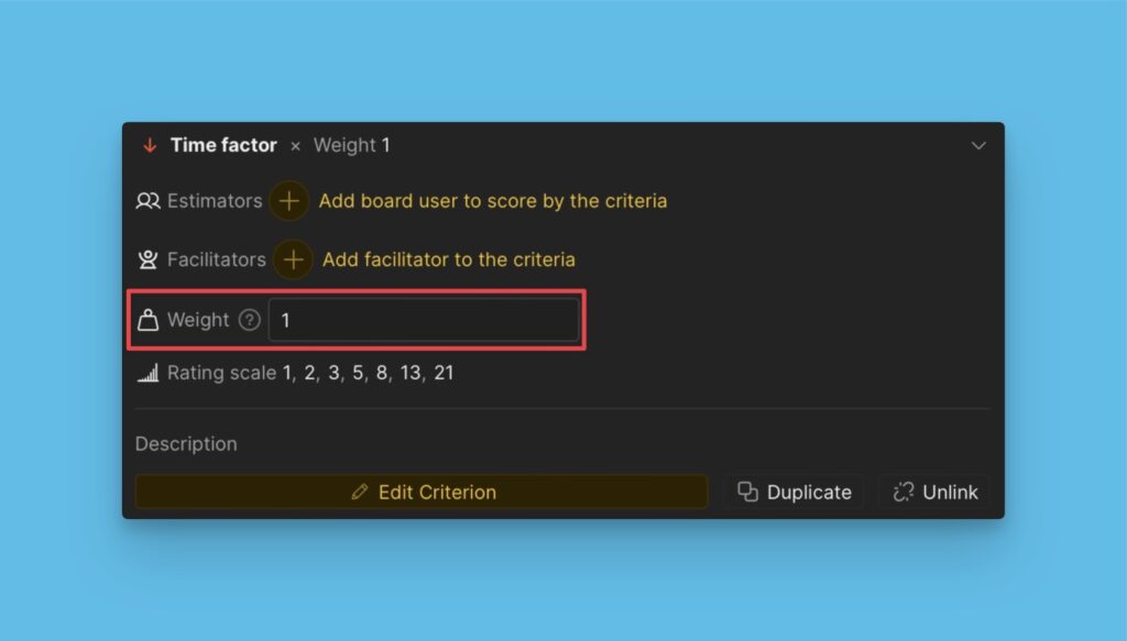 Einstellung für Kriteriumgewichtung
