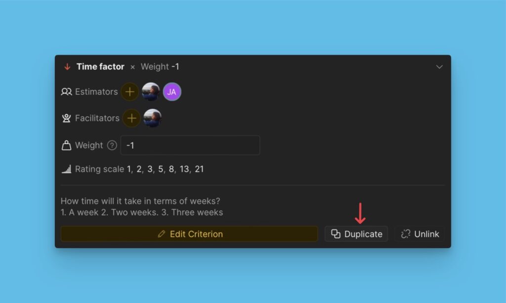 Option zum Duplizieren des Kriteriums